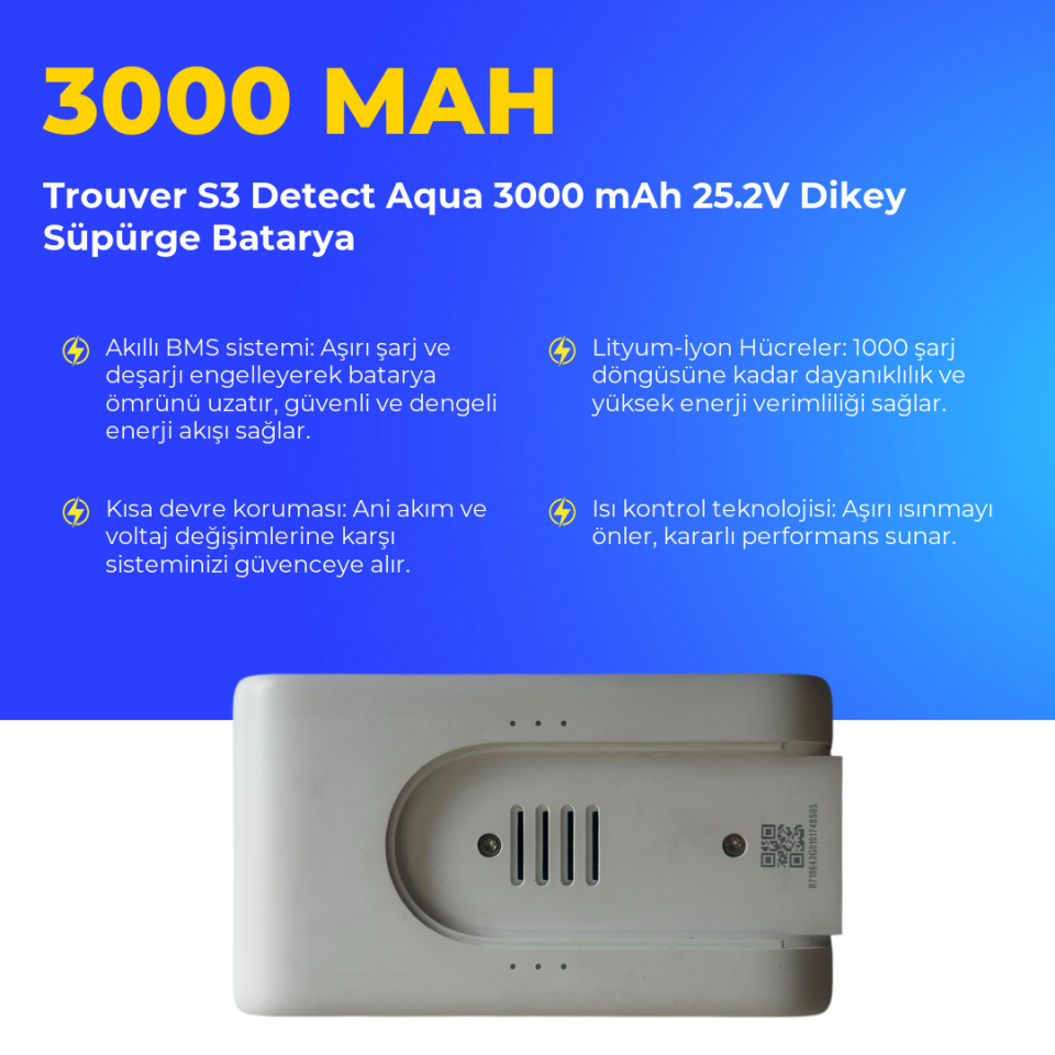 Trouver S3 Detect Aqua 3000 mAh 25.2V Dikey Süpürge Batarya