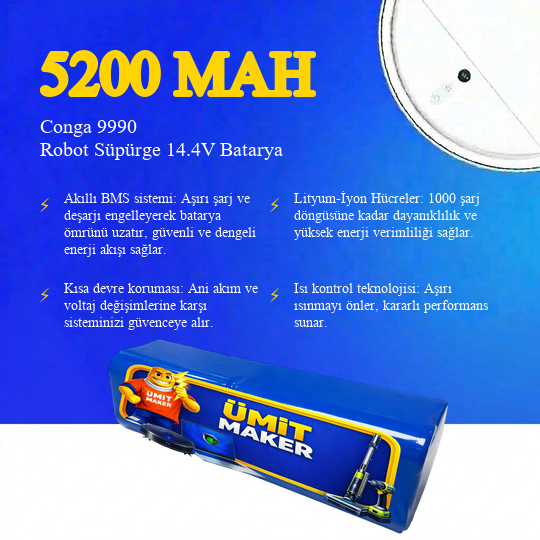 Conga 9990 Robot Süpürge 5200 mAh Batarya