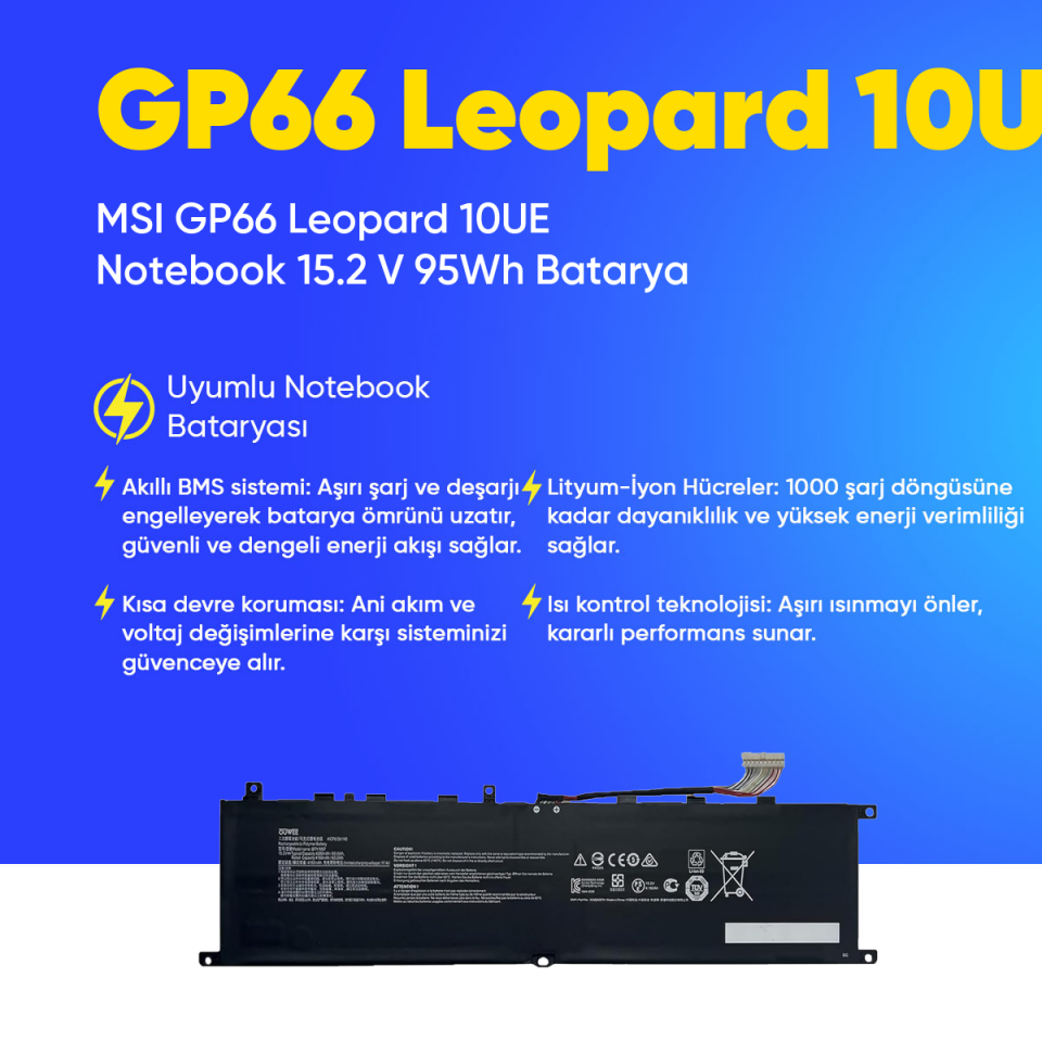 MSI GP66 Leopard 10UE Notebook 15.2 V 95Wh Batarya – Orjinal Uyumlu, Yüksek Performanslı