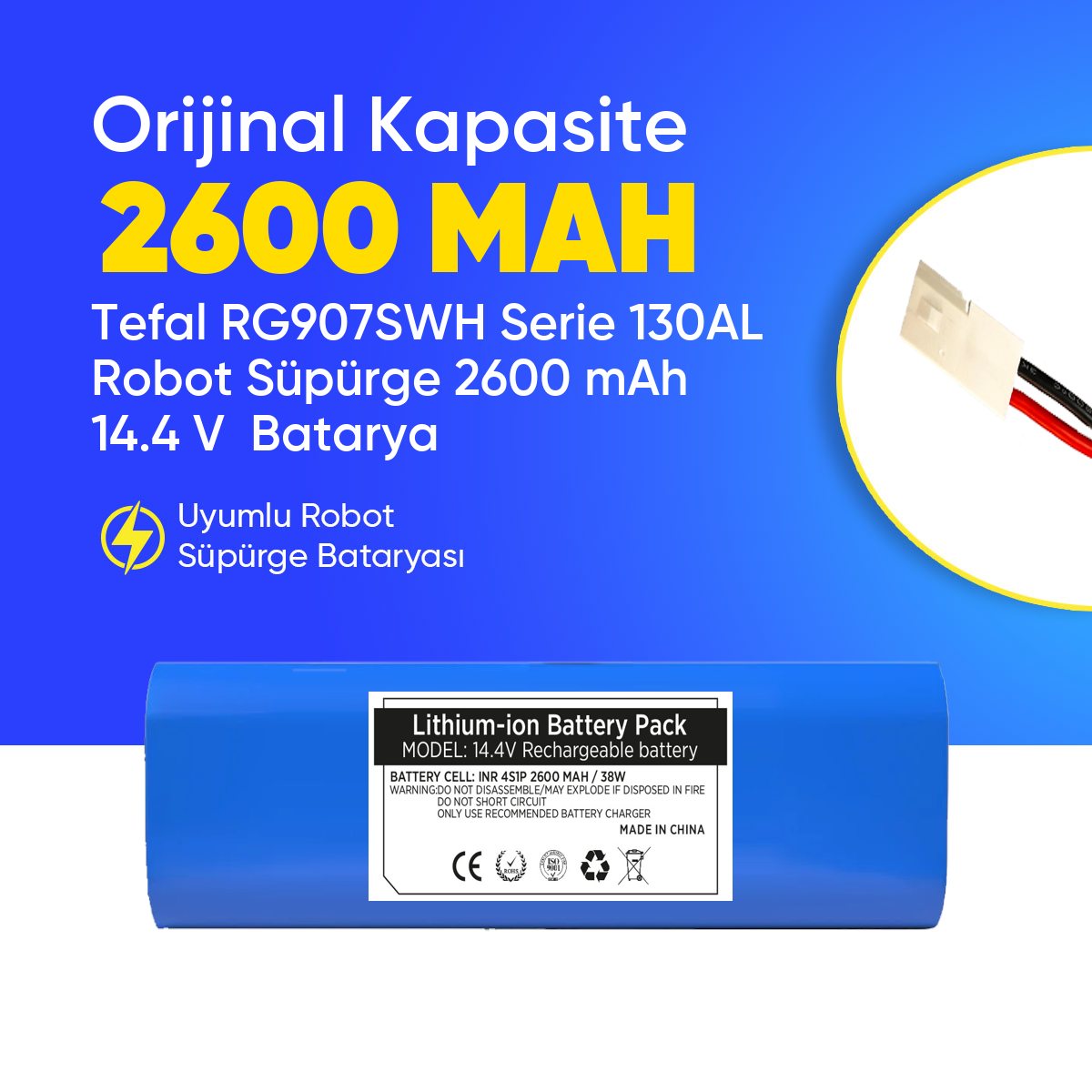 Tefal RG907SWH Serie 130AL Robot Süpürge 2600 mAh 14.4 V  Batarya – Orjinal Uyumlu Uzun Ömürlü, Yüksek Performans Pil