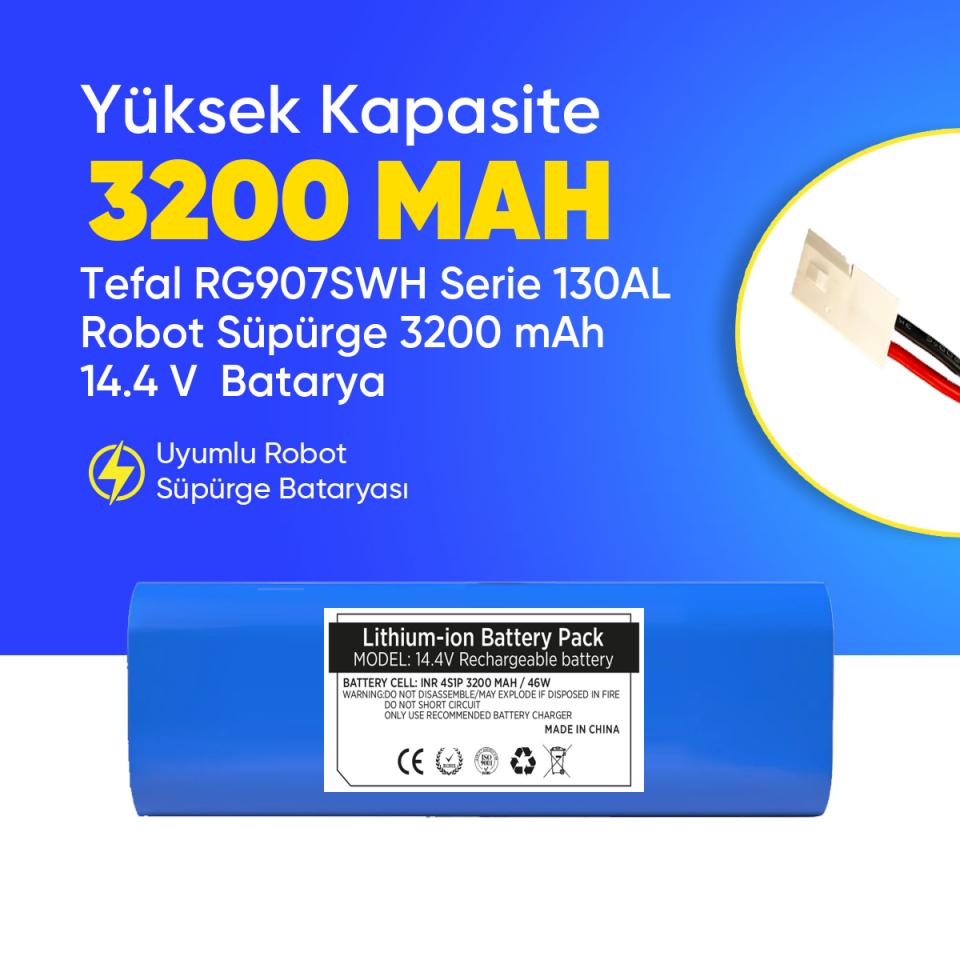 Tefal RG907SWH Serie 130AL Robot Süpürge 3200 mAh 14.4 V  Batarya – Orjinal Uyumlu Uzun Ömürlü, Yüksek Performans Pil