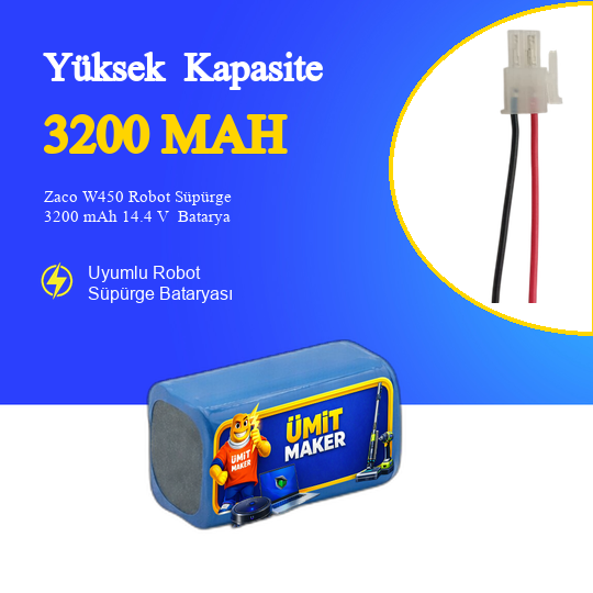 Zaco W450 Robot Süpürge 3200 mAh 14.4 V  Batarya – Orjinal Uyumlu Uzun Ömürlü, Yüksek Performans Pil