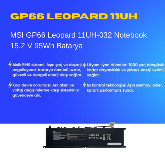 MSI GP66 Leopard 11UH-032 Notebook 15.2 V 95Wh Batarya – Orjinal Uyumlu, Yüksek Performanslı