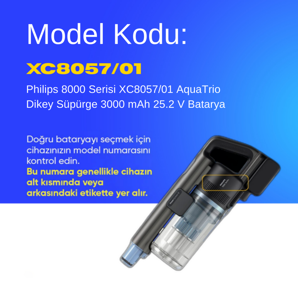 Philips 8000 Serisi XC8057/01 AquaTrio Dikey Süpürge 3000 mAh 25.2 V  Batarya – Orjinal Uyumlu Uzun Ömürlü, Yüksek Performans Pil