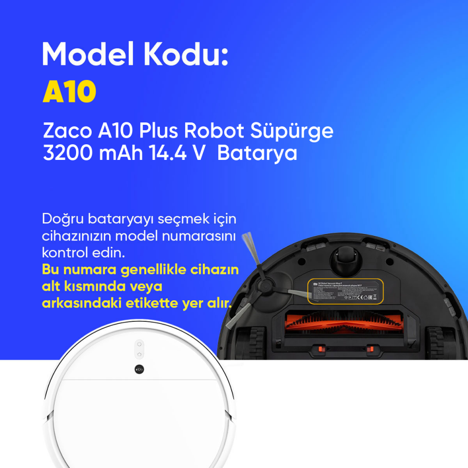 Zaco A10 Plus Robot Süpürge 3200 mAh 14.4 V  Batarya – Orjinal Uyumlu Uzun Ömürlü, Yüksek Performans Pil