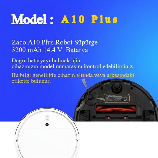 Zaco A10 Plus Robot Süpürge 3200 mAh 14.4 V  Batarya – Orjinal Uyumlu Uzun Ömürlü, Yüksek Performans Pil
