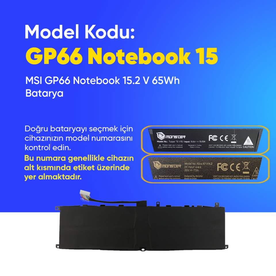 MSI GP66 Notebook 15.2 V 65Wh Batarya – Orjinal Uyumlu, Yüksek Performanslı