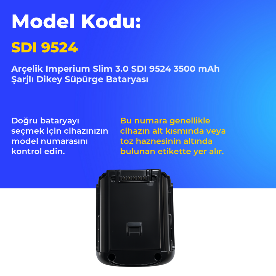 Arçelik Imperium Slim 3.0 SDI 9524 3500 mAh Şarjlı Dikey Süpürge Bataryası
