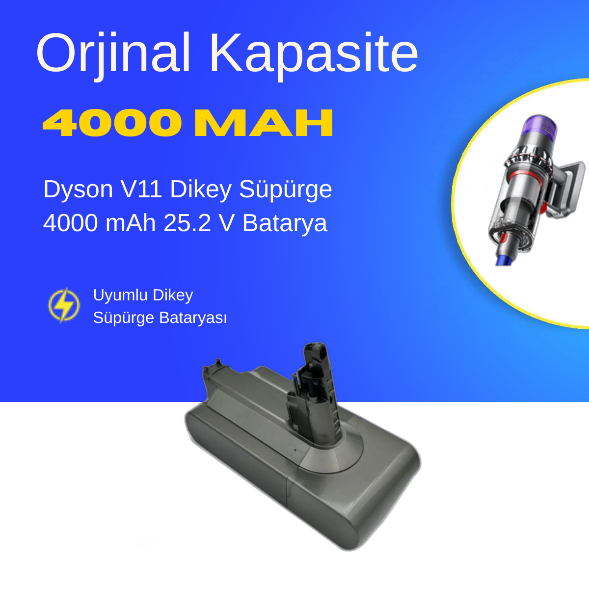 Dyson V11 Dikey Süpürge 4000 mAh 25.2 V  Batarya – Orjinal Uyumlu Uzun Ömürlü, Yüksek Performans Pil