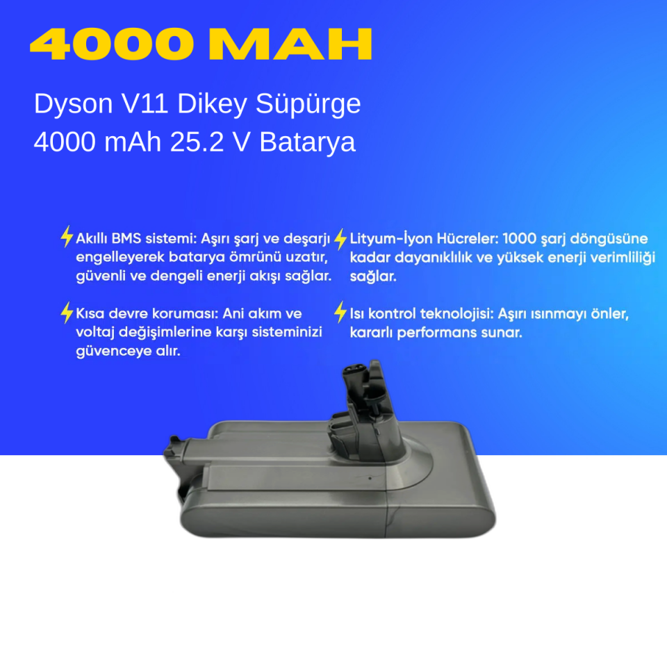 Dyson V11 Dikey Süpürge 4000 mAh 25.2 V  Batarya – Orjinal Uyumlu Uzun Ömürlü, Yüksek Performans Pil