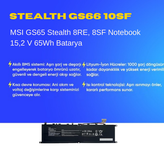 MSI Stealth GS75 10SGS-064 Notebook 15,2 V 65Wh Batarya – Orjinal Uyumlu, Yüksek Performanslı