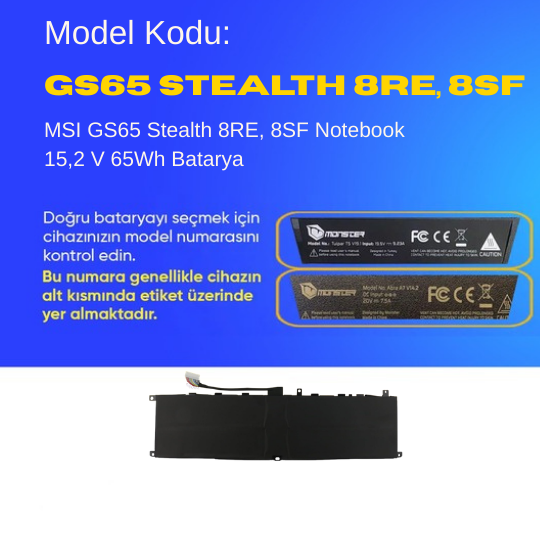 MSI Stealth GS66 10SF-065TR Notebook 15,2 V 65Wh Batarya – Orjinal Uyumlu, Yüksek Performanslı
