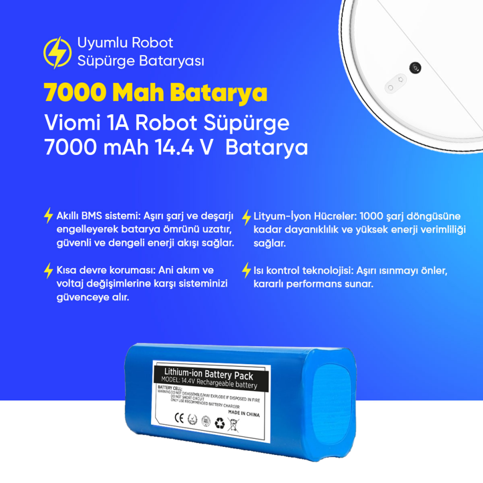 Viomi 1A Robot Süpürge 7000 mAh 14.4 V  Batarya – Orjinal Uyumlu Uzun Ömürlü, Yüksek Performans Pil