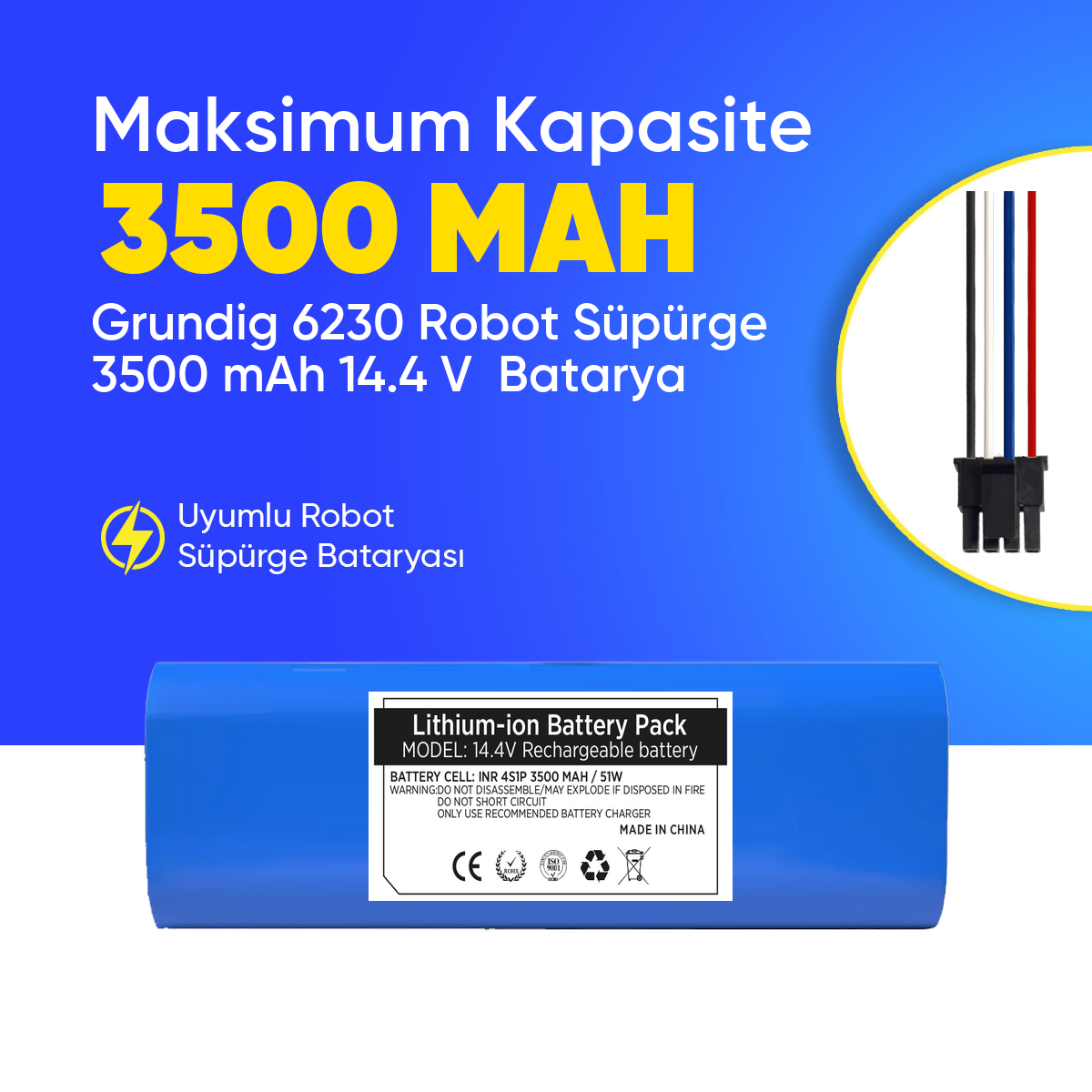 Grundig 6230 Robot Süpürge 3500 mAh 14.4 V  Batarya – Orjinal Uyumlu Uzun Ömürlü, Yüksek Performans Pil