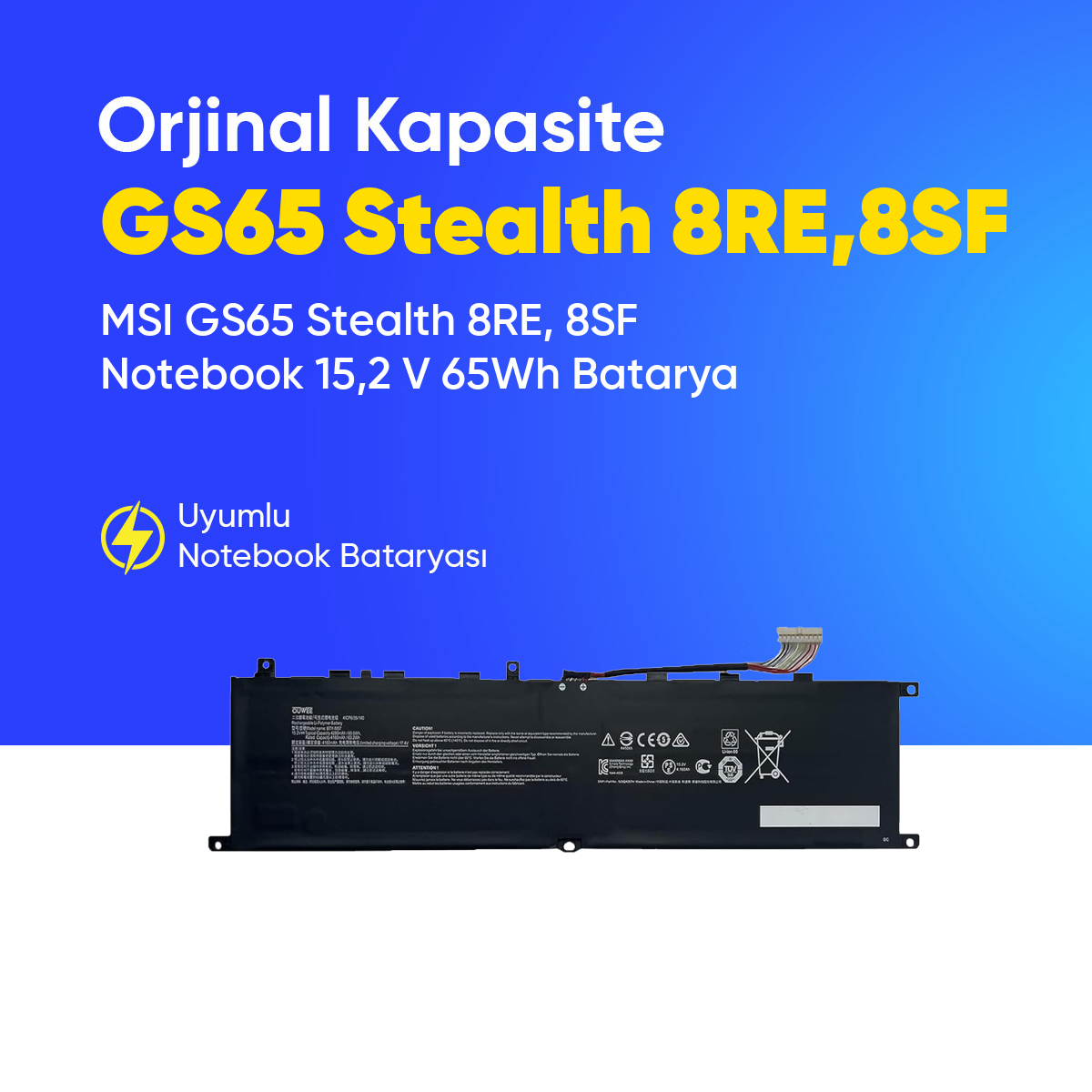 MSI GS65 Stealth 8RE, 8SF Notebook 15,2 V 65Wh Batarya – Orjinal Uyumlu, Yüksek Performanslı