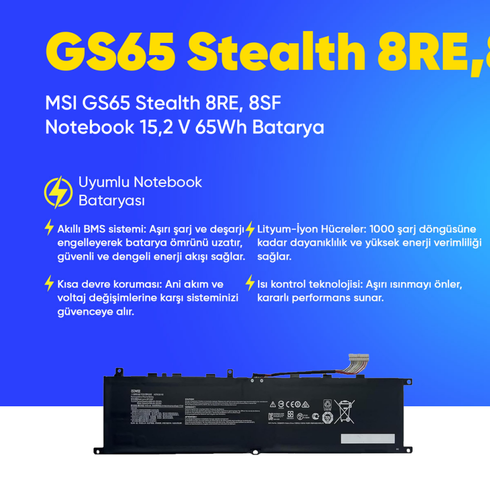 MSI GS65 Stealth 8RE, 8SF Notebook 15,2 V 65Wh Batarya – Orjinal Uyumlu, Yüksek Performanslı