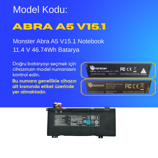 Monster Abra A5 V15.1 Notebook 11.4 V 46.74Wh Batarya – Orjinal Uyumlu, Yüksek Performanslı
