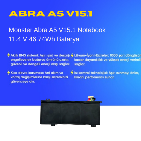Monster Abra A5 V15.1 Notebook 11.4 V 46.74Wh Batarya – Orjinal Uyumlu, Yüksek Performanslı