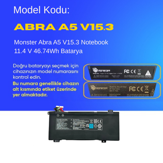 Monster Abra A5 V15.3 Notebook 11.4 V 46.74Wh Batarya – Orjinal Uyumlu, Yüksek Performanslı
