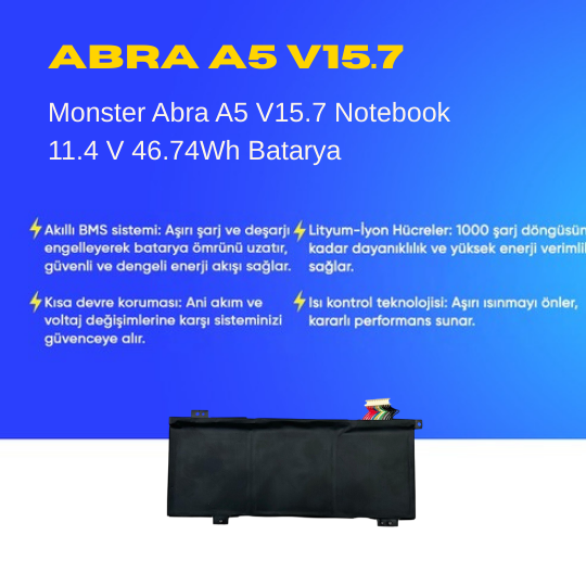 Monster Abra A5 V15.7 Notebook 11.4 V 46.74Wh Batarya – Orjinal Uyumlu, Yüksek Performanslı