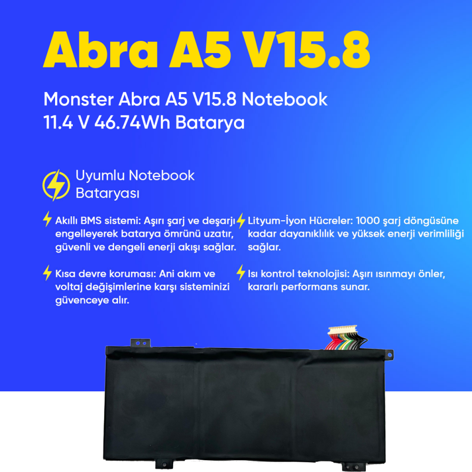 Monster Abra A5 V15.8 Notebook 11.4 V 46.74Wh Batarya – Orjinal Uyumlu, Yüksek Performanslı