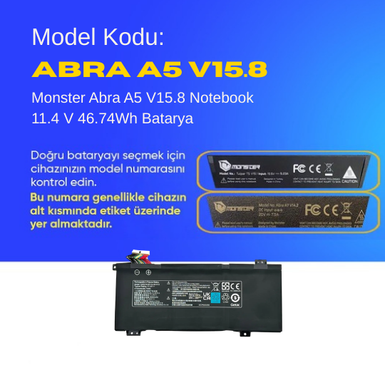 Monster Abra A5 V15.8 Notebook 11.4 V 46.74Wh Batarya – Orjinal Uyumlu, Yüksek Performanslı