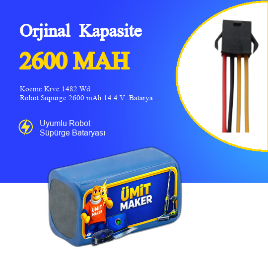 Koenic Krvc 1482 Wd Robot Süpürge 2600 mAh 14.4 V  Batarya – Orjinal Uyumlu Uzun Ömürlü, Yüksek Performans Pil