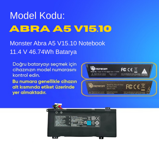 Monster Abra A5 V15.10 Notebook 11.4 V 46.74Wh Batarya – Orjinal Uyumlu, Yüksek Performanslı