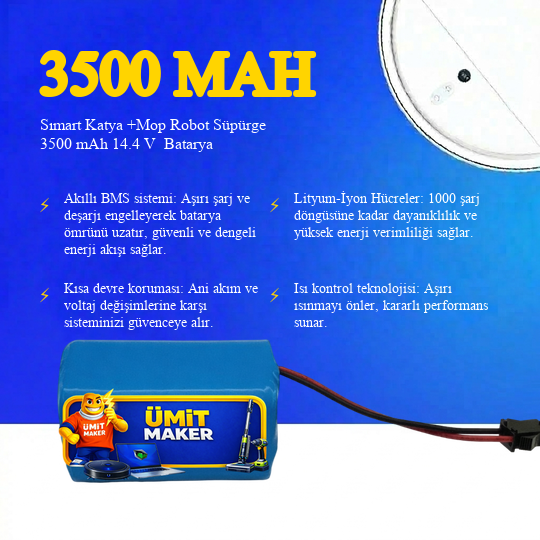 Sımart Katya +Mop Robot Süpürge 3500 mAh 14.4 V  Batarya – Orjinal Uyumlu Uzun Ömürlü, Yüksek Performans Pil