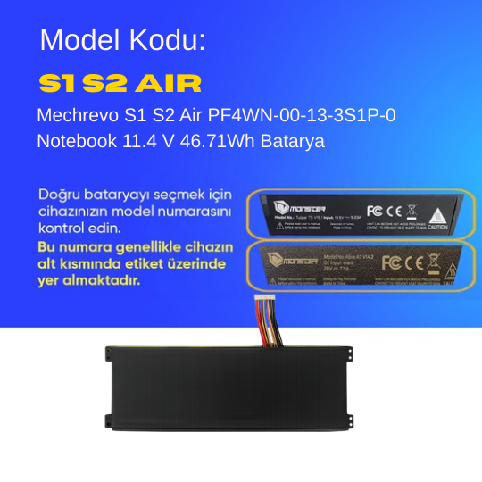 Mechrevo S1 S2 Air PF4WN-00-13-3S1P-0 Notebook 11.4 V 46.71Wh Batarya – Orjinal Uyumlu, Yüksek Performanslı