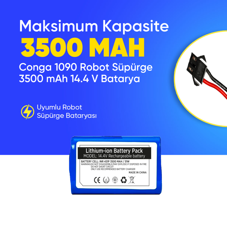 Conga 1090 Robot Süpürge 3500 mAh 14.4 V,  Batarya – Orjinal Uyumlu Uzun Ömürlü, Yüksek Performans Pil