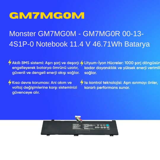 Monster GM7MG0M - GM7MG0R 00-13-4S1P-0 Notebook 11.4 V 46.71Wh Batarya – Orjinal Uyumlu, Yüksek Performanslı