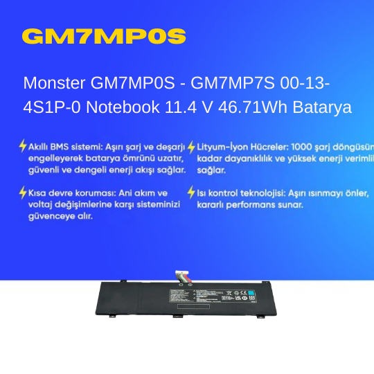 Monster GM7MP0S - GM7MP7S 00-13-4S1P-0 Notebook 11.4 V 46.71Wh Batarya – Orjinal Uyumlu, Yüksek Performanslı