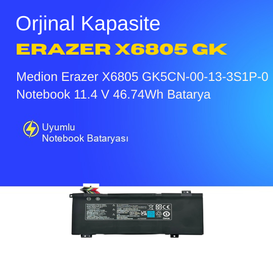 Medion Erazer X6805 GK5CN-00-13-3S1P-0 Notebook 11.4 V 46.74Wh Batarya – Orjinal Uyumlu, Yüksek Performanslı