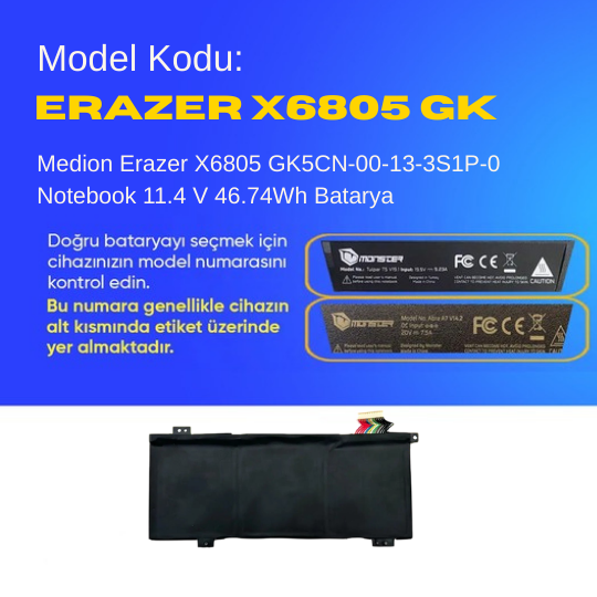 Medion Erazer X6805 GK5CN-00-13-3S1P-0 Notebook 11.4 V 46.74Wh Batarya – Orjinal Uyumlu, Yüksek Performanslı