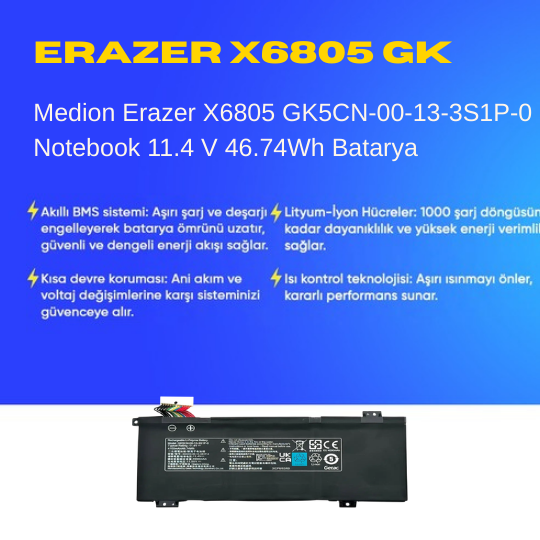 Medion Erazer X6805 GK5CN-00-13-3S1P-0 Notebook 11.4 V 46.74Wh Batarya – Orjinal Uyumlu, Yüksek Performanslı