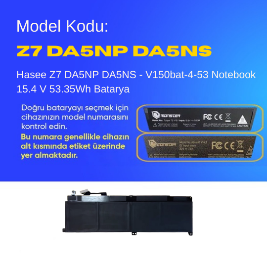 Hasee Z7 DA5NP DA5NS - V150bat-4-53 Notebook 15.4 V 53.35Wh Batarya – Orjinal Uyumlu, Yüksek Performanslı