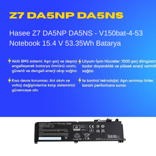 Hasee Z7 DA5NP DA5NS - V150bat-4-53 Notebook 15.4 V 53.35Wh Batarya – Orjinal Uyumlu, Yüksek Performanslı