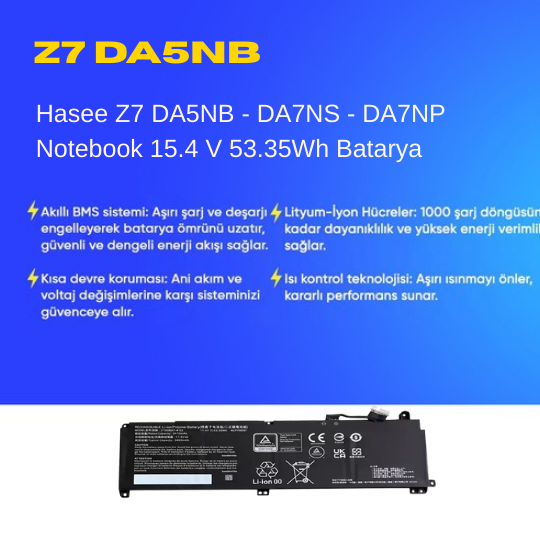 Hasee Z7 DA5NB - DA7NS - DA7NP Notebook 15.4 V 53.35Wh Batarya – Orjinal Uyumlu, Yüksek Performanslı