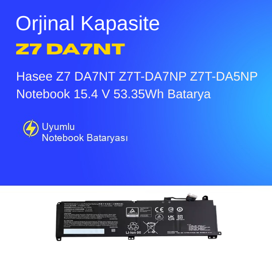 Hasee Z7 DA7NT Z7T-DA7NP Z7T-DA5NP Notebook 15.4 V 53.35Wh Batarya – Orjinal Uyumlu, Yüksek Performanslı