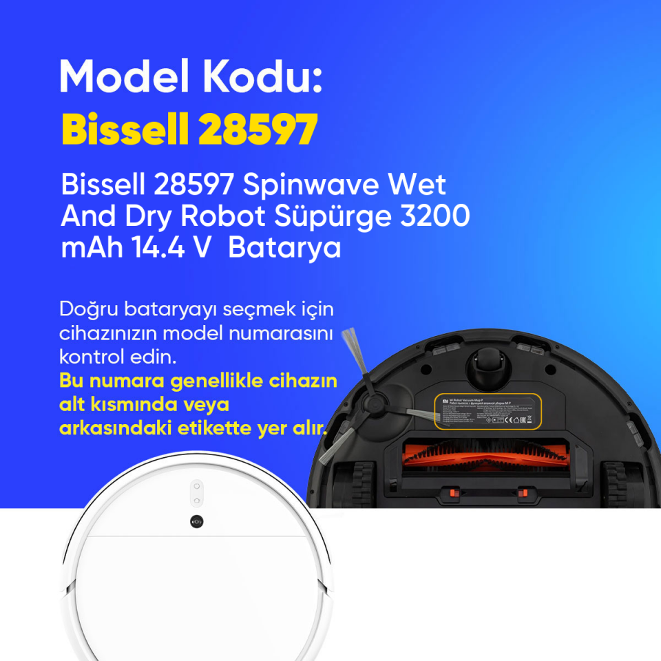 Bissell 28597 Spinwave Wet And Dry Robot Süpürge 3200 mAh 14.4 V  Batarya – Orjinal Uyumlu Uzun Ömürlü, Yüksek Performans Pil