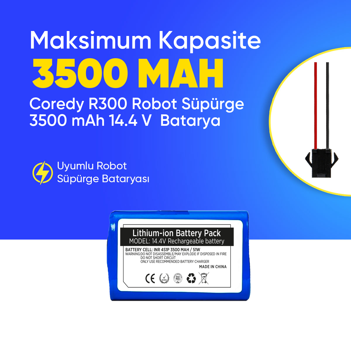 Coredy R300 Robot Süpürge 3500 mAh 14.4 V  Batarya – Orjinal Uyumlu Uzun Ömürlü, Yüksek Performans Pil