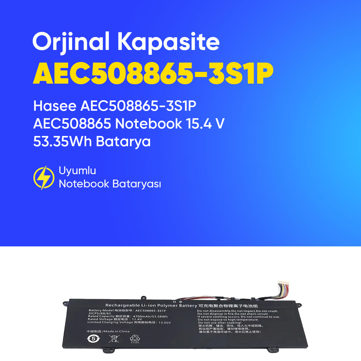 Hasee AEC508865-3S1P AEC508865 Notebook 15.4 V 53.35Wh Batarya – Orjinal Uyumlu, Yüksek Performanslı
