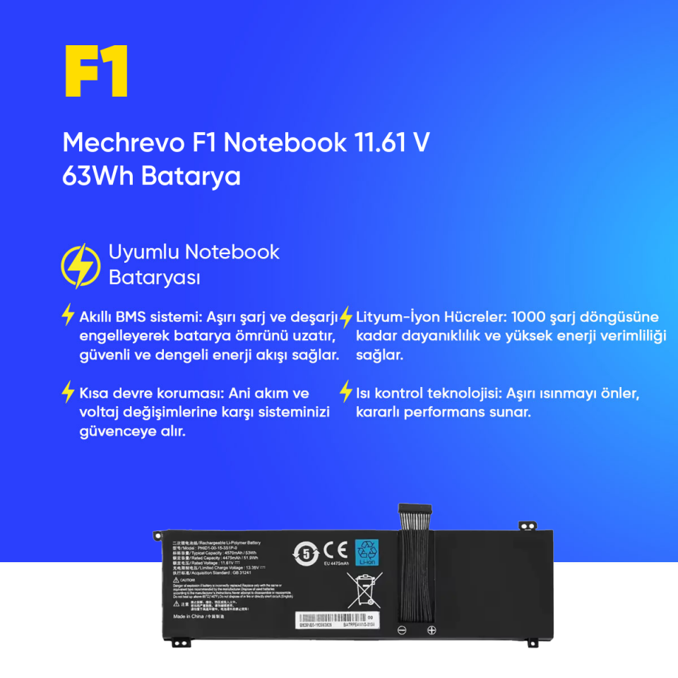 Mechrevo F1 Notebook 11.61 V 63Wh Batarya – Orjinal Uyumlu, Yüksek Performanslı