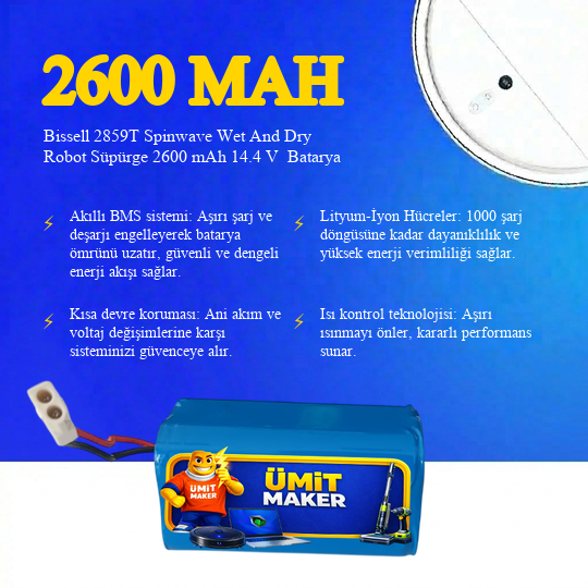 Bissell 2859T Spinwave Wet And Dry Robot Süpürge 2600 mAh 14.4 V  Batarya – Orjinal Uyumlu Uzun Ömürlü, Yüksek Performans Pil