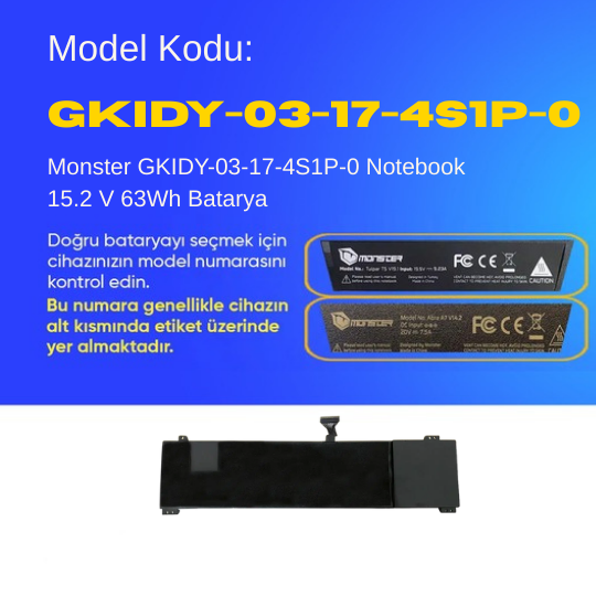 Monster GKIDY-03-17-4S1P-0 Notebook 15.2 V 63Wh Batarya – Orjinal Uyumlu, Yüksek Performanslı