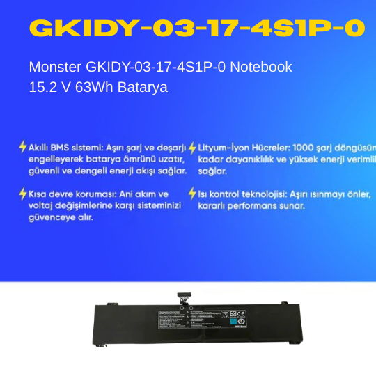 Monster GKIDY-03-17-4S1P-0 Notebook 15.2 V 63Wh Batarya – Orjinal Uyumlu, Yüksek Performanslı