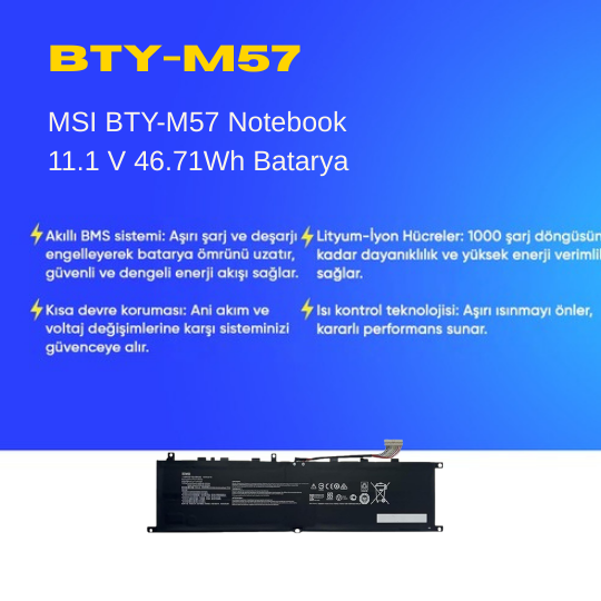 MSI BTY-M57 Notebook 11.1 V 46.71Wh Batarya – Orjinal Uyumlu, Yüksek Performanslı
