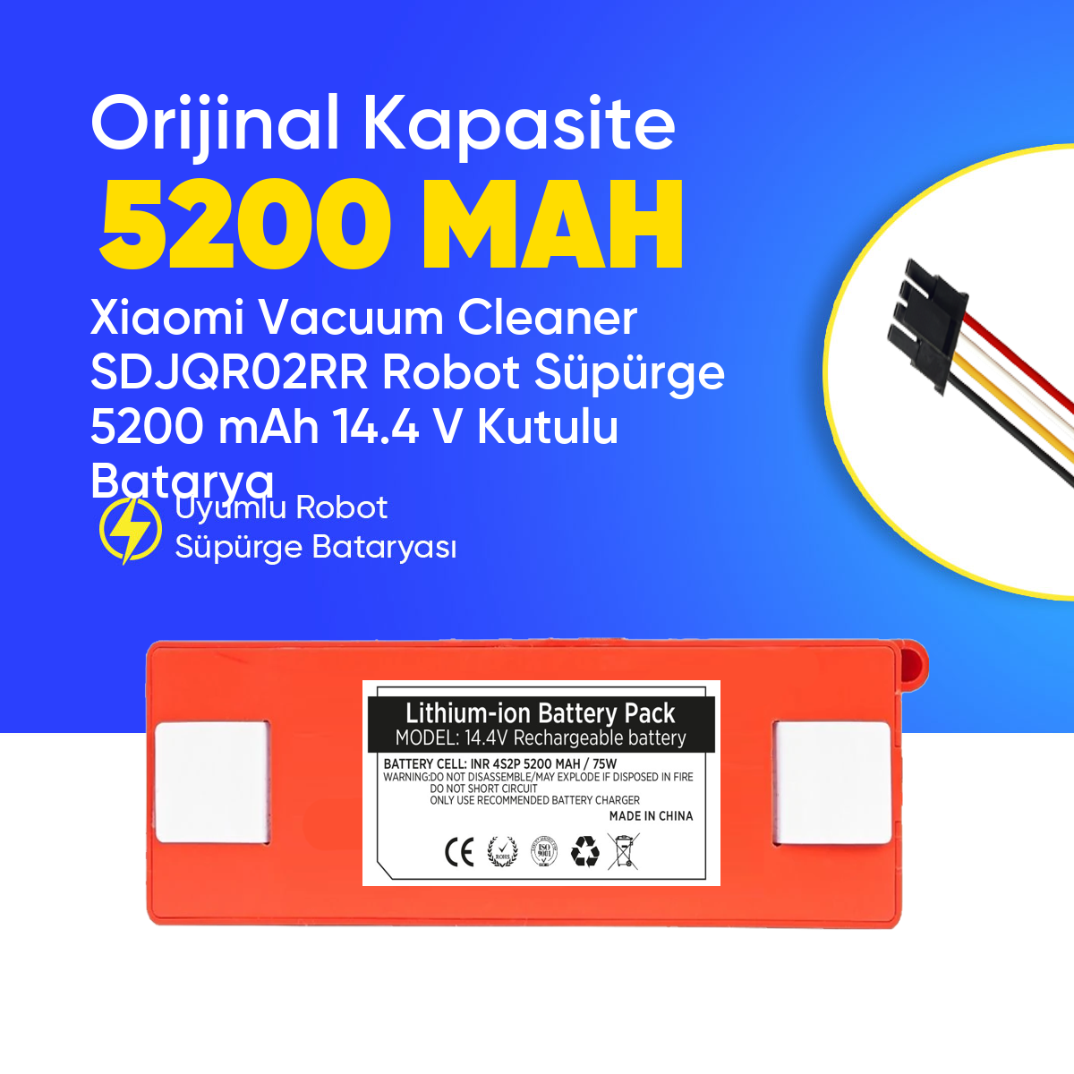 Xiaomi Vacuum Cleaner SDJQR02RR Robot Süpürge 5200 mAh 14.4 V Kutulu Batarya – Orjinal Uyumlu Uzun Ömürlü, Yüksek Performans Pil