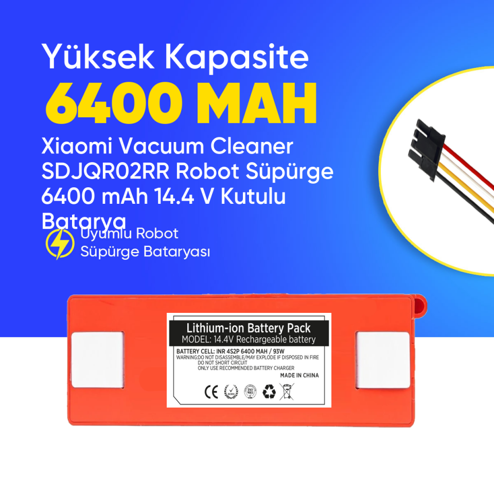 Xiaomi Vacuum Cleaner SDJQR02RR Robot Süpürge 6400 mAh 14.4 V Kutulu Batarya – Orjinal Uyumlu Uzun Ömürlü, Yüksek Performans Pil